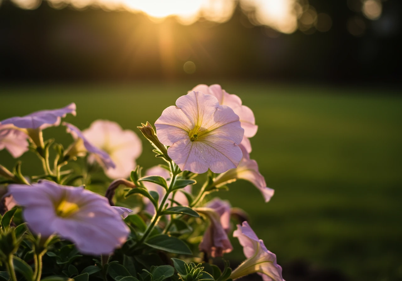 A photograph illustrating the concept of drift impacting sensitive plants. It should show a gentle breeze seemingly blowing across a garden scene. In the foreground, delicate flowering plants (like petunias or peppers with blooms) are in sharp focus, appearing vulnerable. In the slightly blurred background, perhaps across a lawn or suggested property line, there's an implication of open space where spraying might occur (e.g., a uniform lawn area). No visible spray mist or vapor, just the subtle suggestion of wind movement (perhaps slightly swaying taller grasses or leaves) carrying potential threats towards the sensitive foreground plants. Warm, natural sunlight.