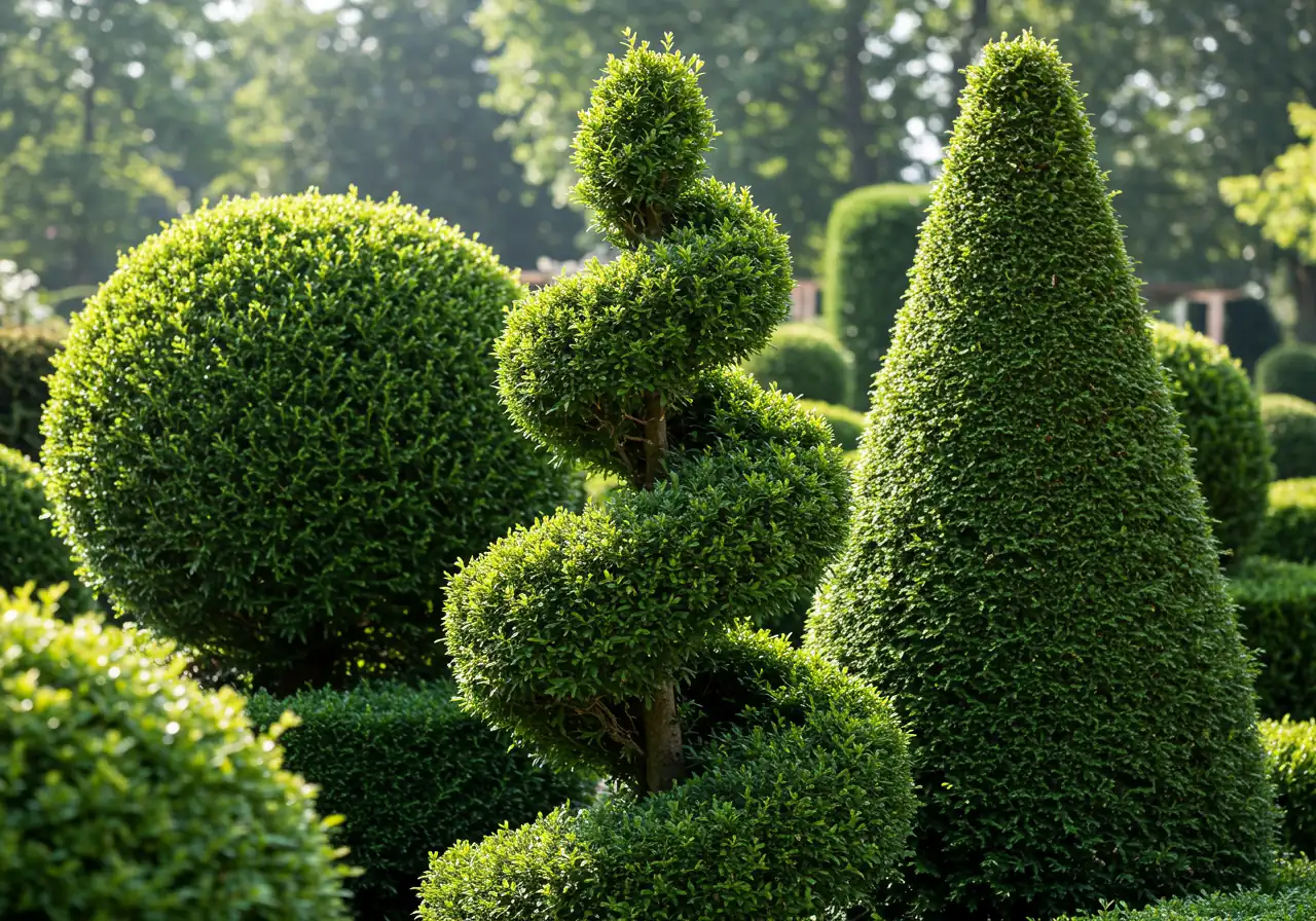 A visually appealing composition showcasing three distinct topiary shapes commonly seen in gardens. It should feature a perfect geometric sphere, an elegant spiral, and a simple cone shape, all crafted from dense, healthy green evergreen shrubs like boxwood or yew. The background should be a subtly blurred garden setting under bright, natural daylight to emphasize the shapes.