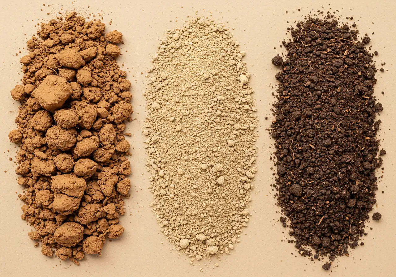 A clear visual comparison of the three main soil types discussed. This helps readers identify their own soil. Image shows three distinct piles or patches of soil side-by-side: heavy clay, light sand, and rich loam, highlighting their textural and color differences.