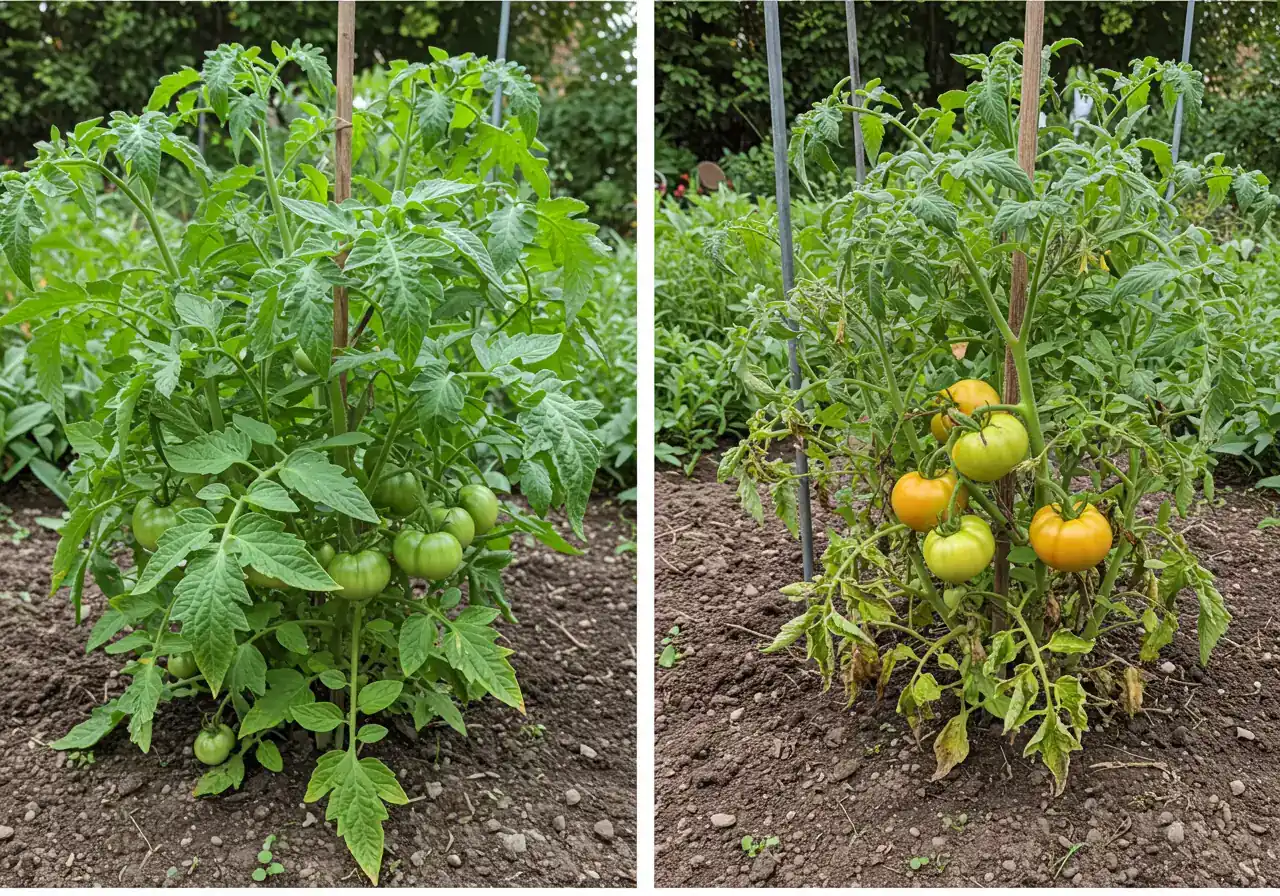 A clear visual comparison showing the effect of allelopathy. On one side, a healthy, vibrant tomato plant thrives. Immediately next to it, separated by only a short distance, an identical tomato plant appears stunted, yellowed, and generally unhealthy, illustrating 'selective suffering' near an unseen allelopathic source.