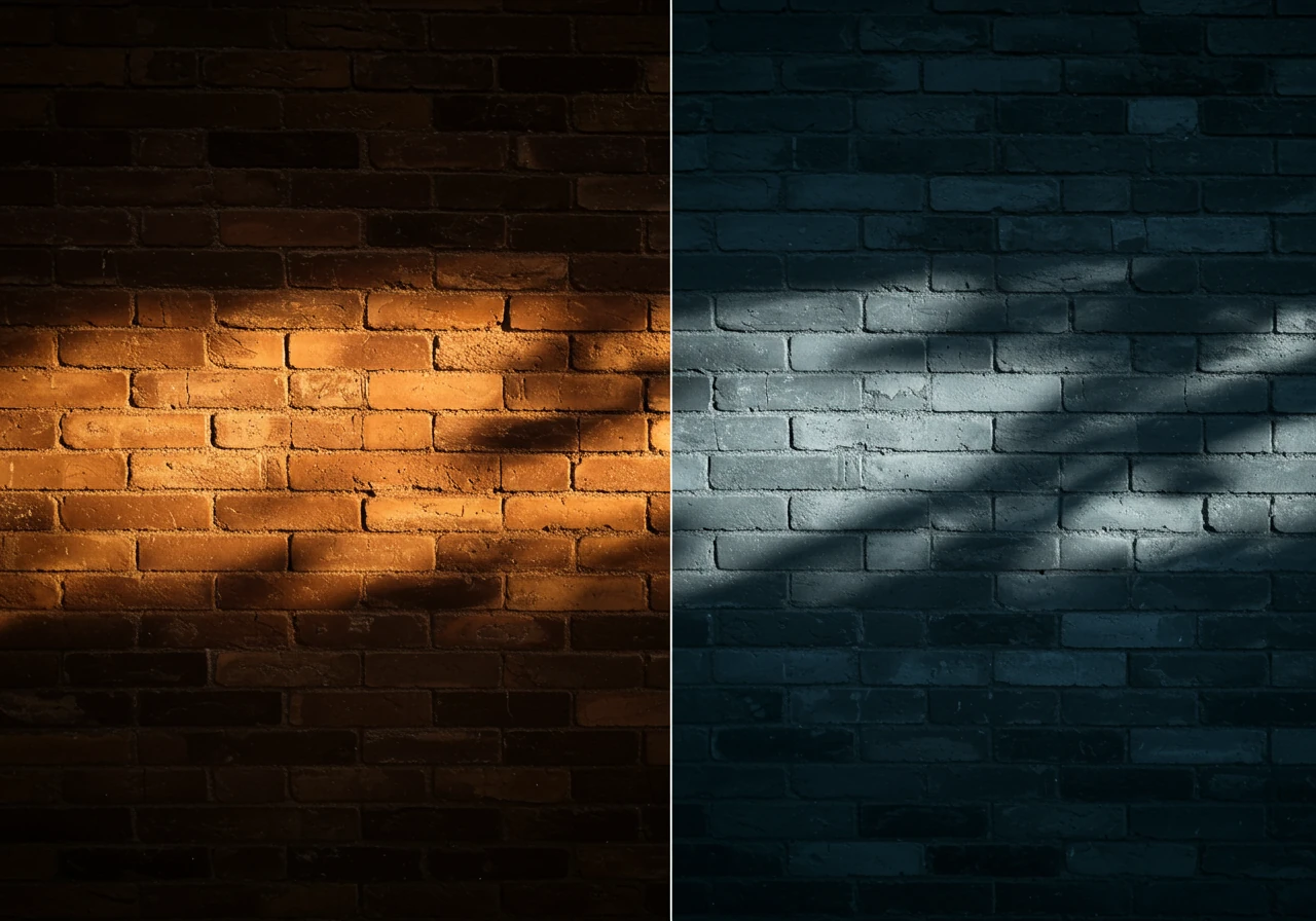 A visual representation comparing a sun-baked brick wall section radiating heat (perhaps subtle heat haze effect) next to a shaded section of the same wall. This illustrates the concept of microclimates and direct sun impact.