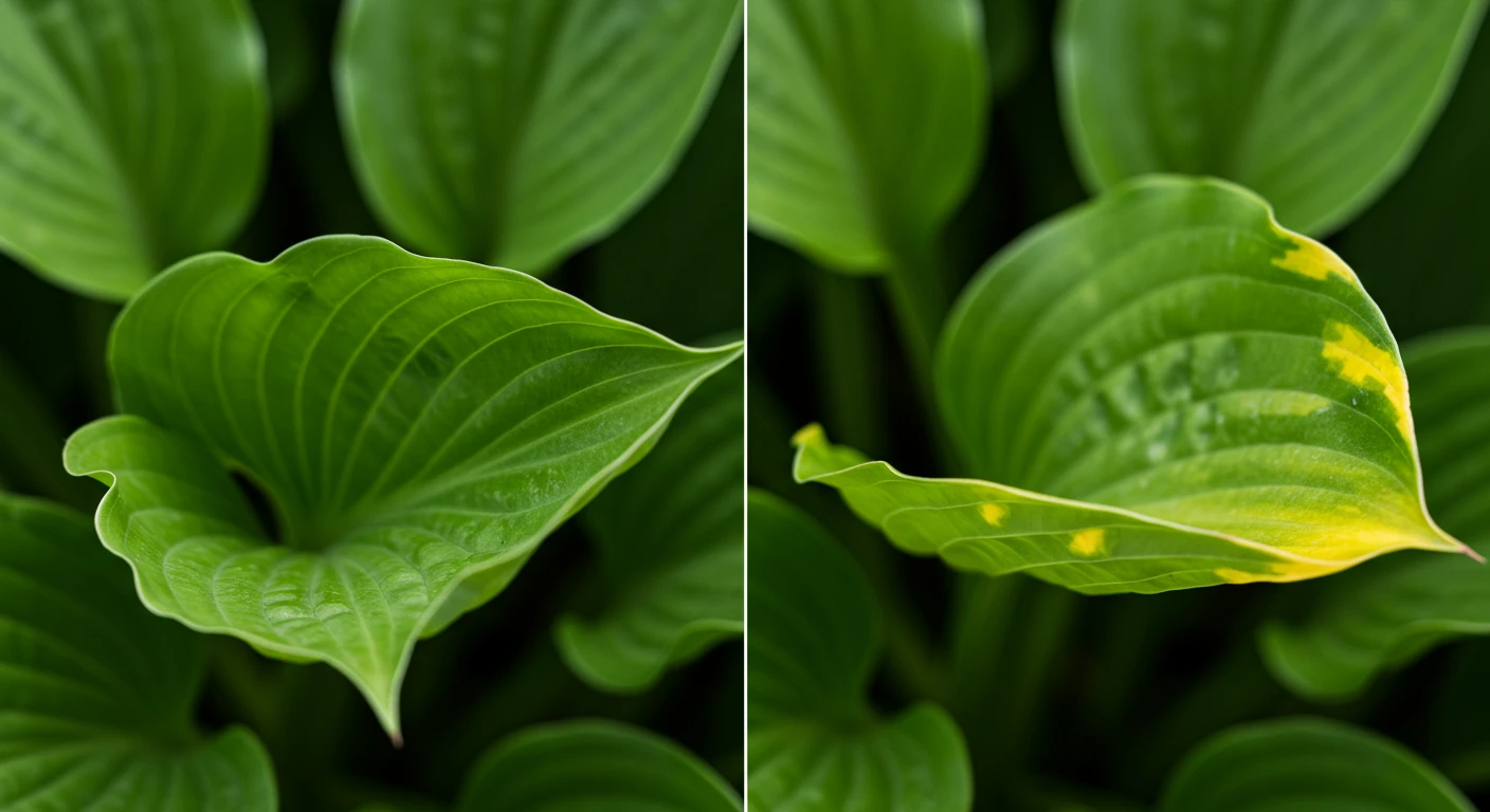 A split image comparing a healthy, vibrant plant leaf with one showing subtle signs of stress. The left side shows a lush, perfectly formed green leaf (e.g., hosta or tomato) with good texture. The right side shows a similar leaf but slightly limp, with edges perhaps just starting to curl or yellow, demonstrating the early visual/textural clues mentioned.