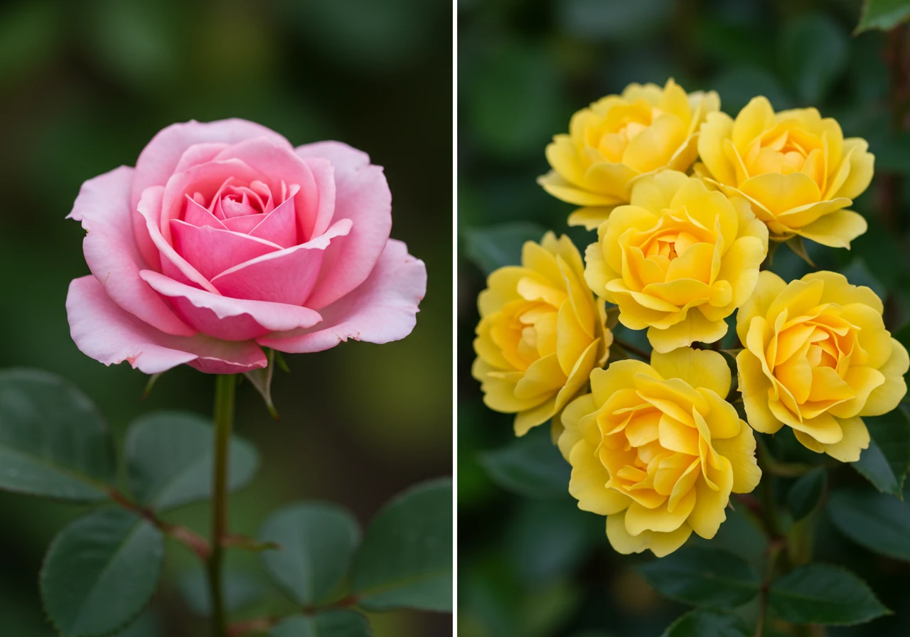 A clear, close-up photograph contrasting the bloom style of two different rose types mentioned. For instance, showing the single, elegant bloom typical of a Hybrid Tea next to the characteristic cluster of blooms found on a Floribunda. Focus should be on the flowers and immediate stems/leaves, against a softly blurred green foliage background.