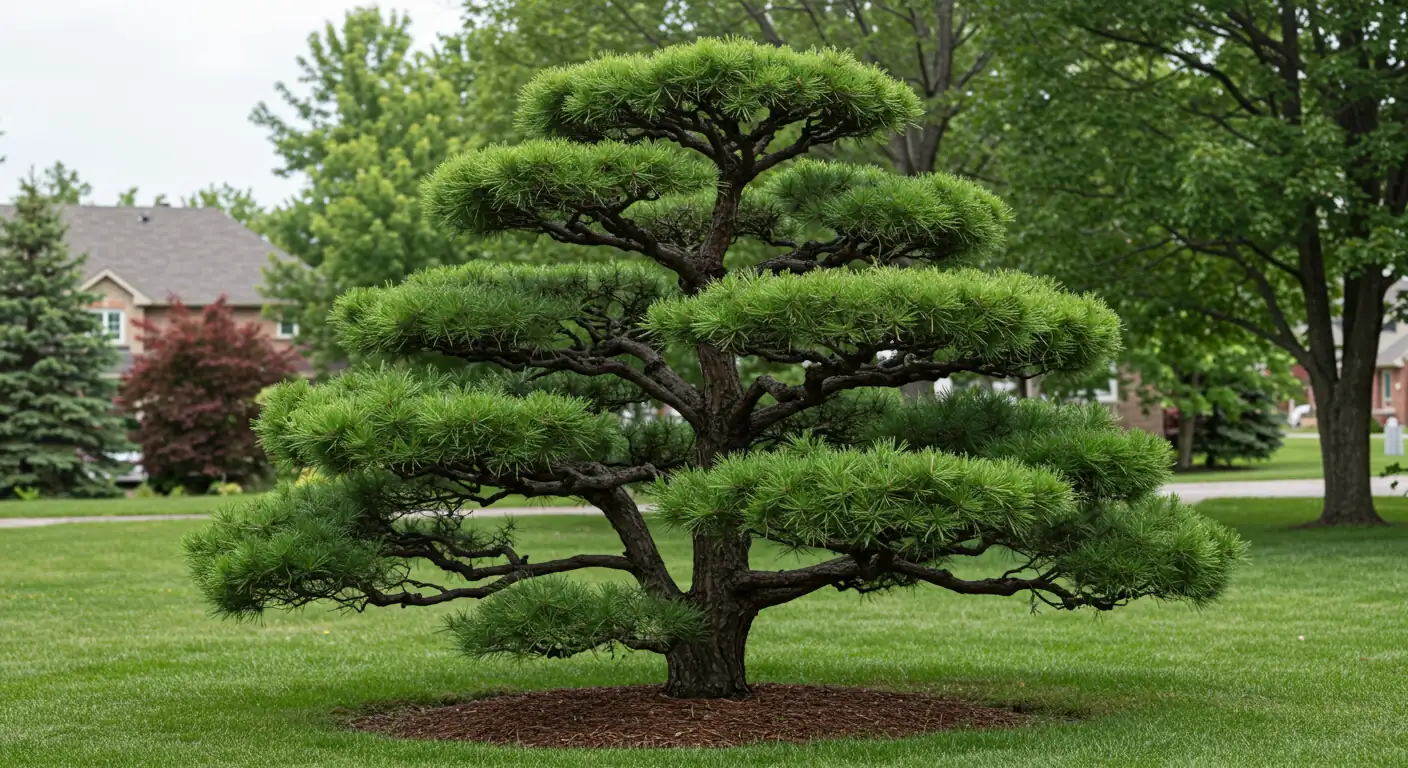 A wide-angle shot capturing a beautifully executed cloud-pruned pine tree standing as a striking focal point in a well-maintained residential garden. The tree should exhibit distinct, rounded 'clouds' of green foliage separated by clearly visible, elegantly bare branches, showcasing the sculptural quality described. The surrounding garden context should subtly suggest a Canadian suburban setting (e.g., types of other plants, style of house slightly visible in background blur), ideally under soft, natural daylight to highlight the tree's form and texture. No people should be visible.