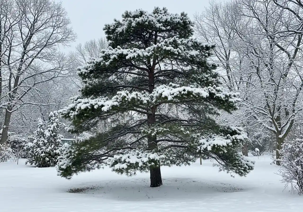 An evocative winter image of an established cloud-pruned pine lightly covered in fresh, powdery snow. The snow should accentuate the unique silhouette, clinging to the tops of the 'cloud' pads and highlighting the dark, bare branches between them, illustrating its year-round structural interest as mentioned in the Winter care section. The surrounding garden should also be snow-covered, creating a serene, peaceful winter landscape scene typical of the Ottawa region.