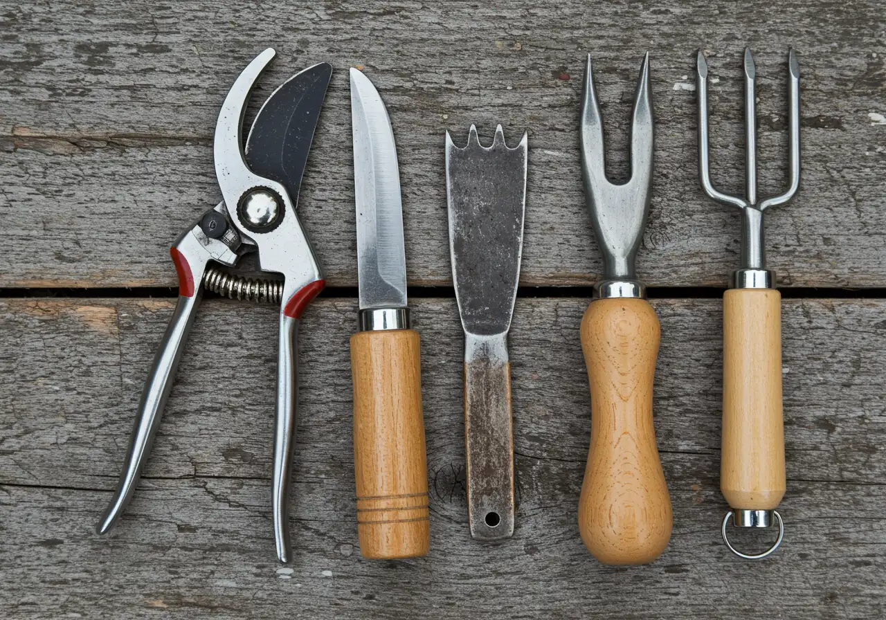 A clean, aesthetically pleasing flat lay arrangement of the essential hand tools mentioned. The image should feature high-quality bypass pruners, a sturdy trowel or Hori-Hori knife, and a hand cultivator neatly arranged on a slightly weathered wooden garden bench or potting table surface. The tools should look well-maintained but used, emphasizing quality and practicality.