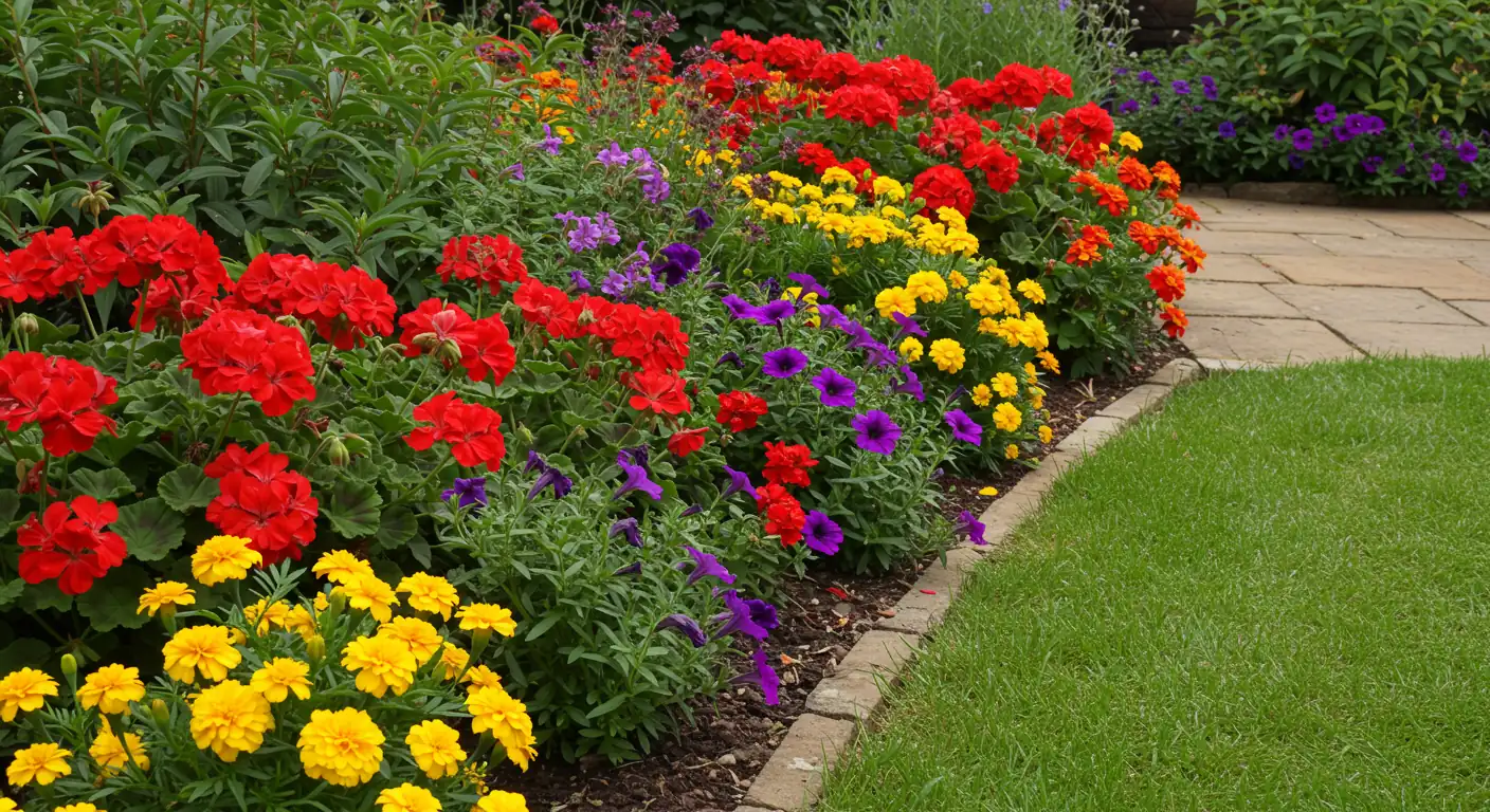 A welcoming and vibrant front yard scene focused on immediate curb appeal. Shows a well-maintained garden bed overflowing with colourful summer annuals like red geraniums, yellow marigolds, and purple petunias adjacent to a neat lawn edge and part of a front walkway. The flowers should look freshly planted and thriving in bright sunlight, embodying 'instant gratification'. No house number or distinct architectural features.
