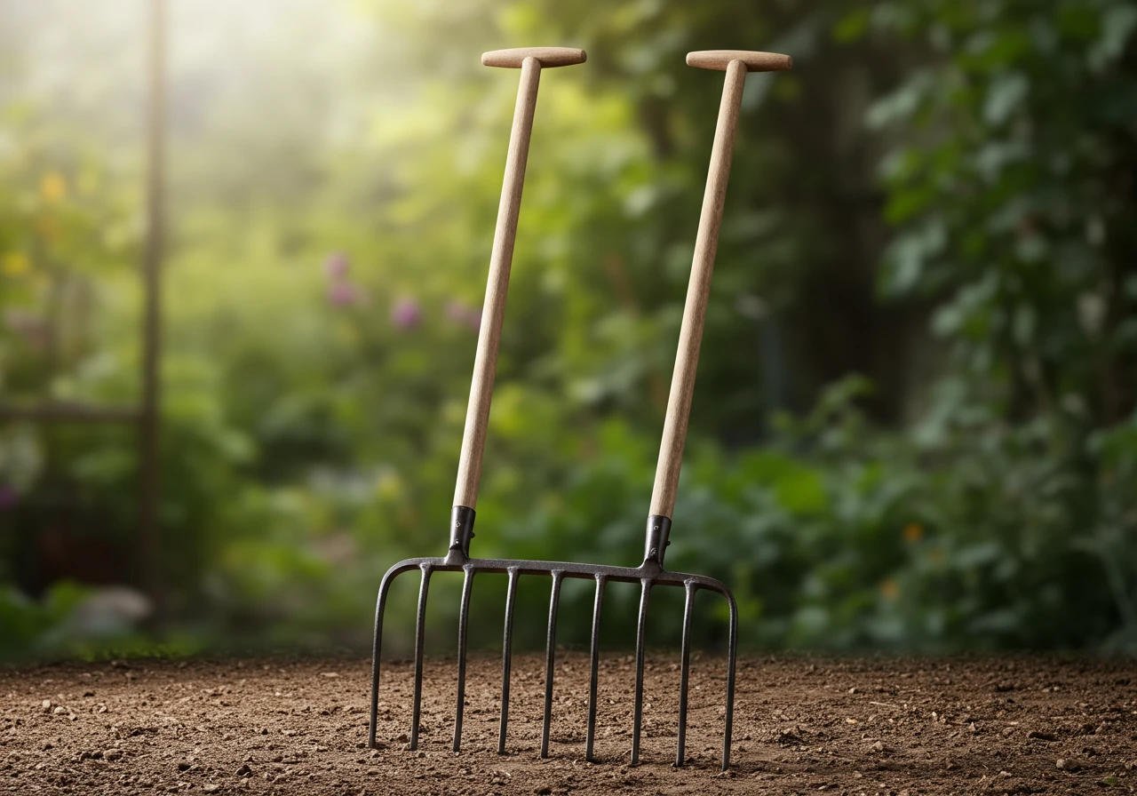 A clear, high-quality photograph of a robust broadfork tool standing upright. The focus should be on the tool itself, showcasing its strong metal tines, the sturdy crossbar, and the long handles (wood or metal), perhaps resting against a simple, blurred garden background to isolate the tool.