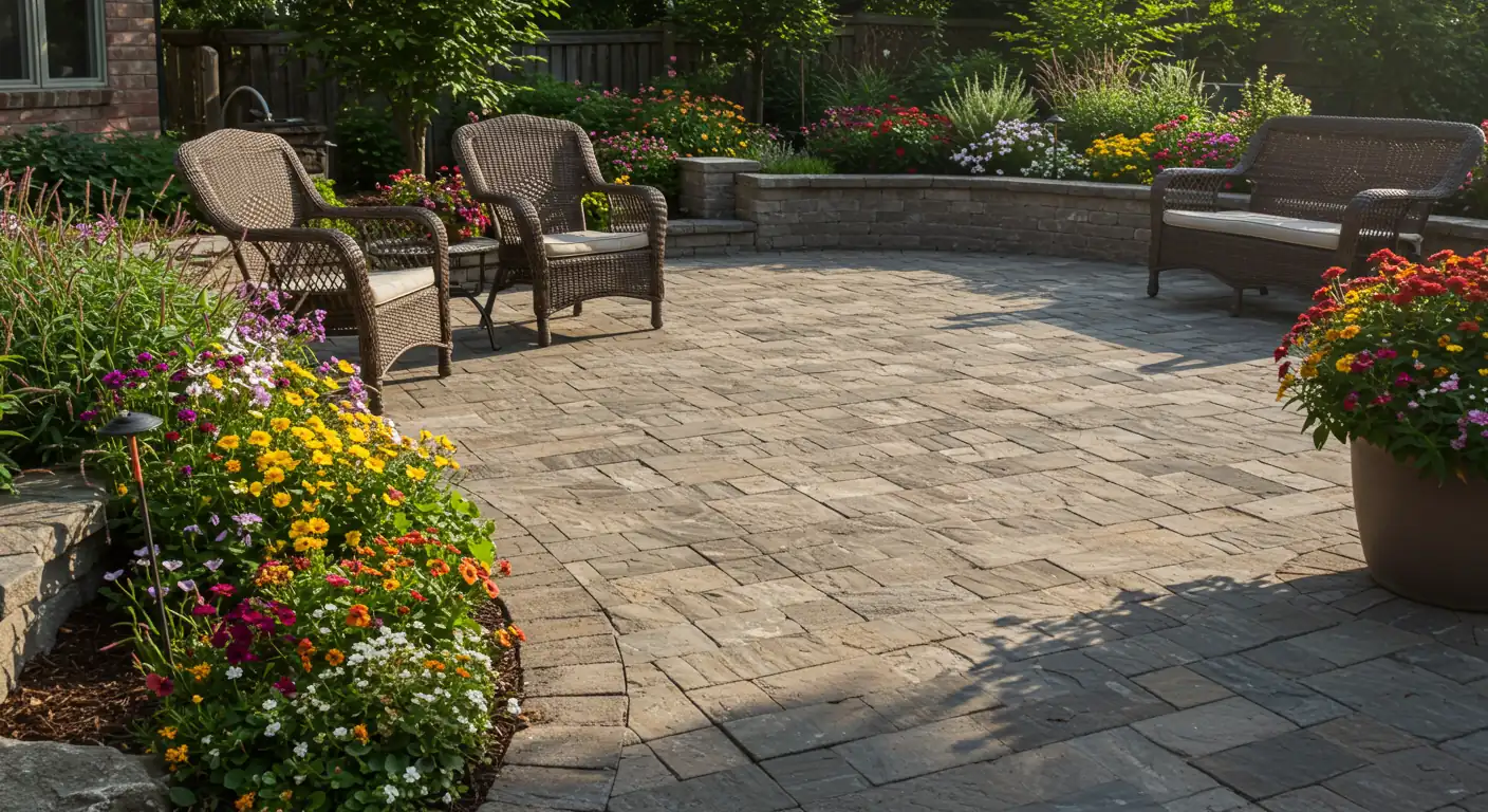 An inviting and beautifully landscaped backyard patio area, constructed with natural stone pavers. Empty, comfortable outdoor seating (e.g., wicker chairs) is visible, alongside vibrant, well-maintained perennial flower beds. The scene is illuminated by the warm glow of late afternoon sun, creating long shadows and suggesting an ideal, aspirational space ready for enhancement, like adding an outdoor kitchen. No structures or people are visible, focusing purely on the potential of the space.