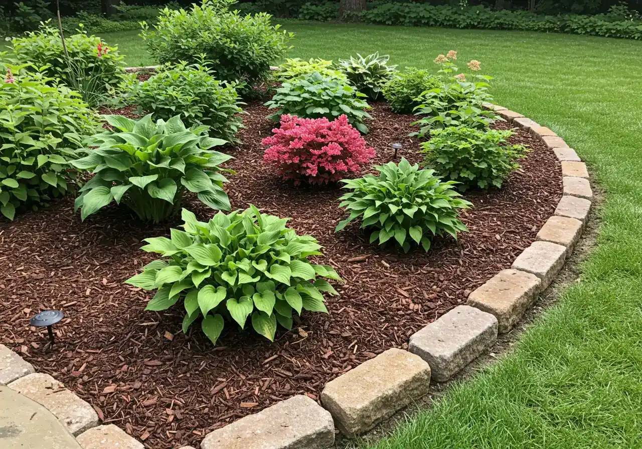 A visually appealing garden bed demonstrating the concept of 'negative space'. Healthy, distinct perennial plants (like hostas, coral bells, and ferns) are spaced well apart with a thick layer of dark brown mulch covering the ground between them. The defined edge of the garden bed, perhaps made of natural stone or crisp edging material, is clearly visible against a neat lawn.