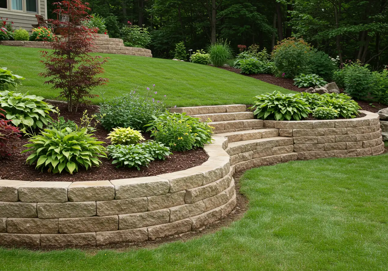 A well-constructed natural stone retaining wall creating distinct terraced levels on a residential slope. The upper level could feature a small lawn area, while the lower level showcases lush garden beds filled with perennials. This illustrates the concept of terracing and the aesthetic appeal of natural stone walls mentioned in the text.