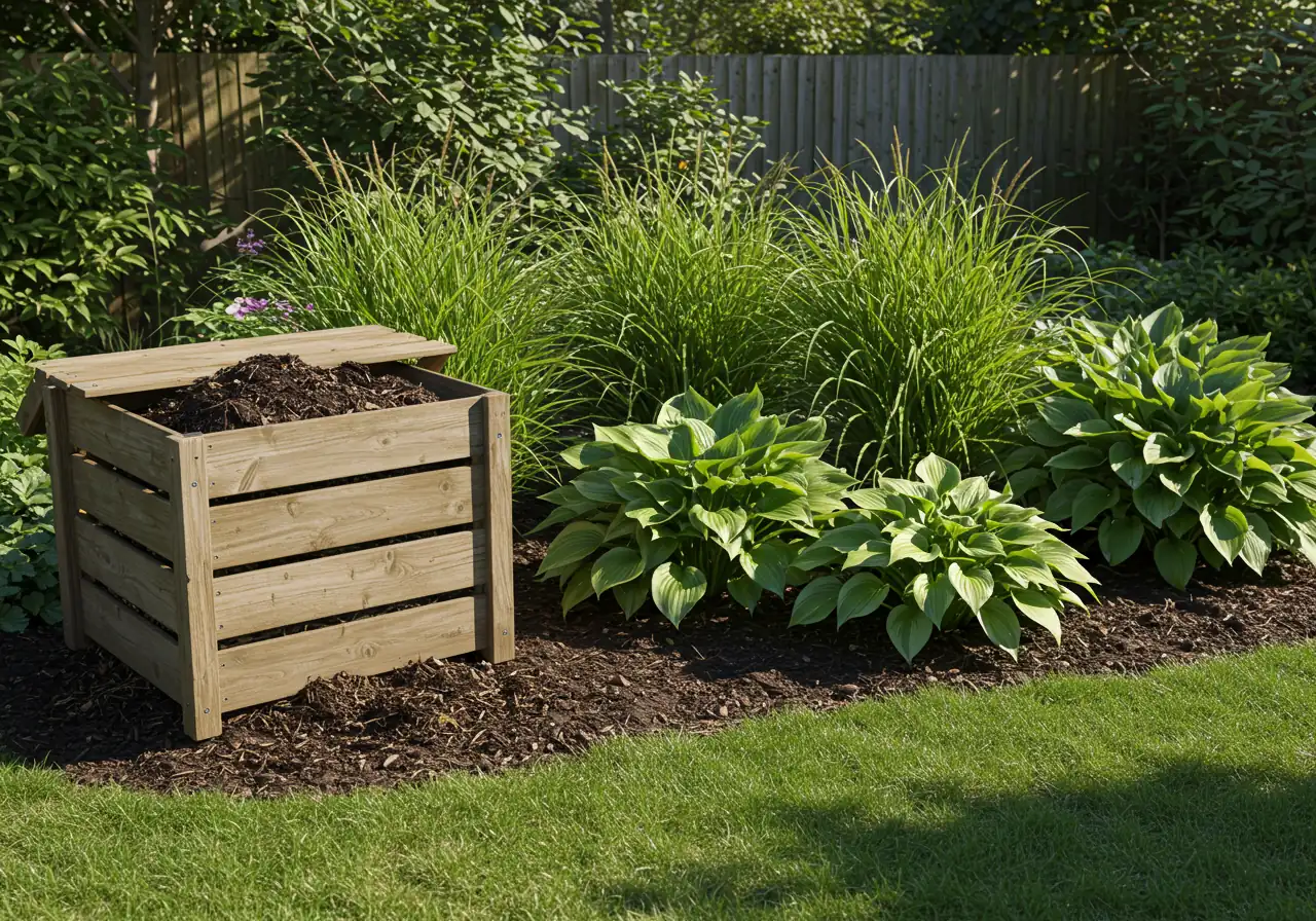 A visually appealing garden scene highlighting budget-friendly practices. Focus on a wooden compost bin filled with dark, rich compost, with healthy perennial plants (like hostas or ornamental grasses) visible in the background garden bed, symbolizing sustainable savings.