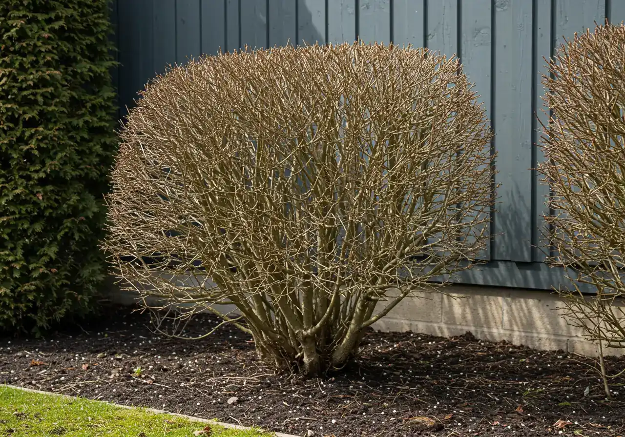 Illustrates a common issue described in the text. A medium shot of a deciduous foundation shrub in early spring, showing signs of struggle like leggy growth (bare lower stems), some visible winter dieback (dark, dry twig tips), and sparse budding. The shrub should look tired but potentially salvageable, set against a backdrop typical of an Ottawa suburban yard (perhaps hints of neighbouring houses or fences, but focus on the plant). The soil at the base could appear slightly compacted or clay-like.