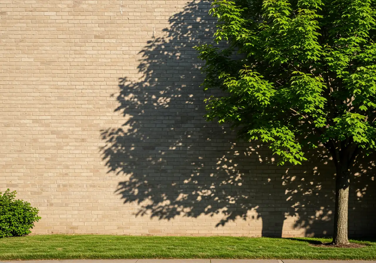 A healthy deciduous tree strategically positioned to cast a significant shadow across the south or west-facing wall of a house during a sunny afternoon. This visually explains the 'Shade Effect'.