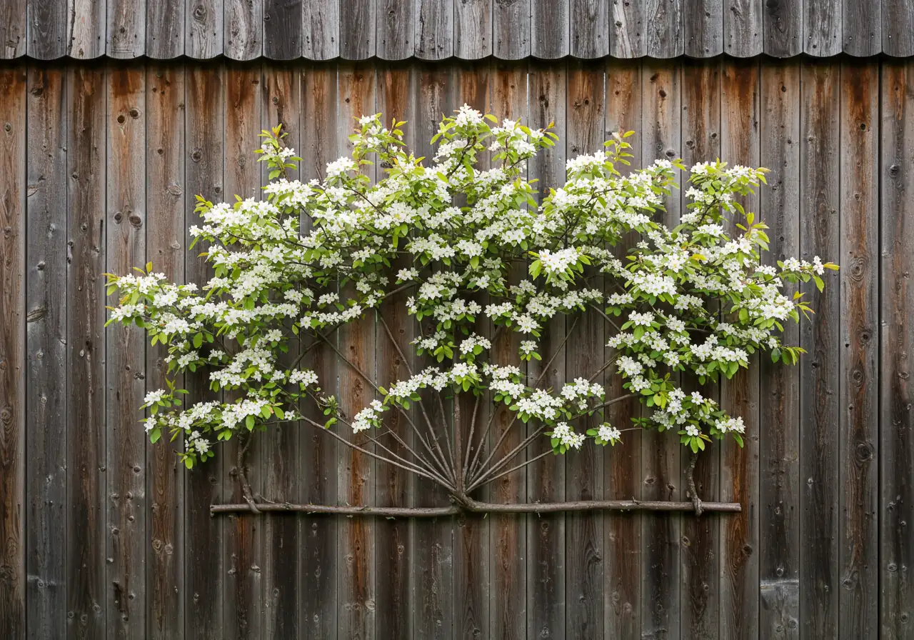 A beautiful example of an ornamental espalier, featuring a Serviceberry (Amelanchier) trained in a fan shape against a rustic wooden fence. The image should highlight the delicate white spring blossoms, showcasing a non-fruit option suitable for the Ottawa climate.