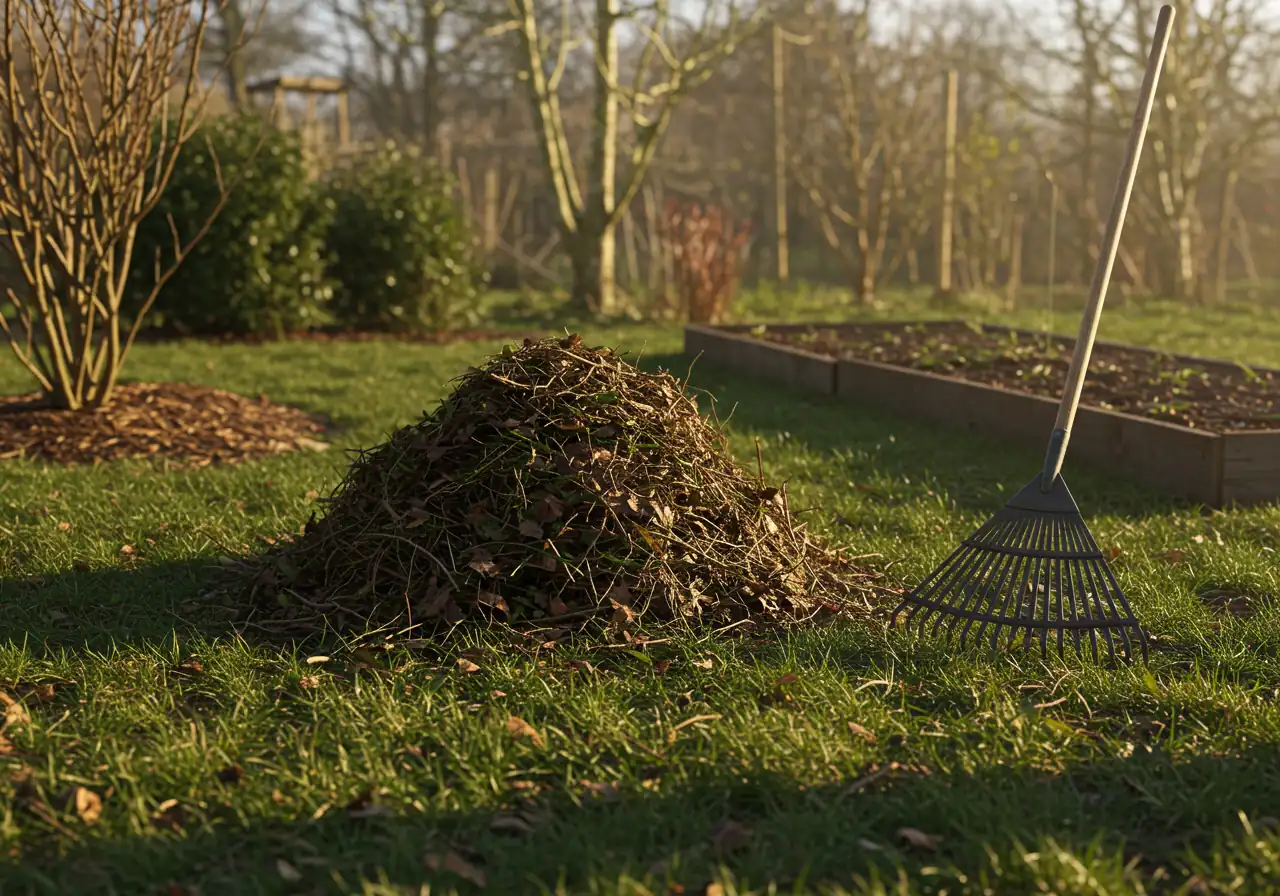 An illustrative image capturing the essence of spring garden cleanup. Shows a patch of lawn bordering a garden bed in early spring. Fallen leaves and small twigs are partially raked into a neat pile on the dormant grass. A clean metal garden rake rests beside the pile. The garden bed soil is visible, cleared of debris, with perhaps a few very early perennial shoots just emerging. The lighting suggests early morning.