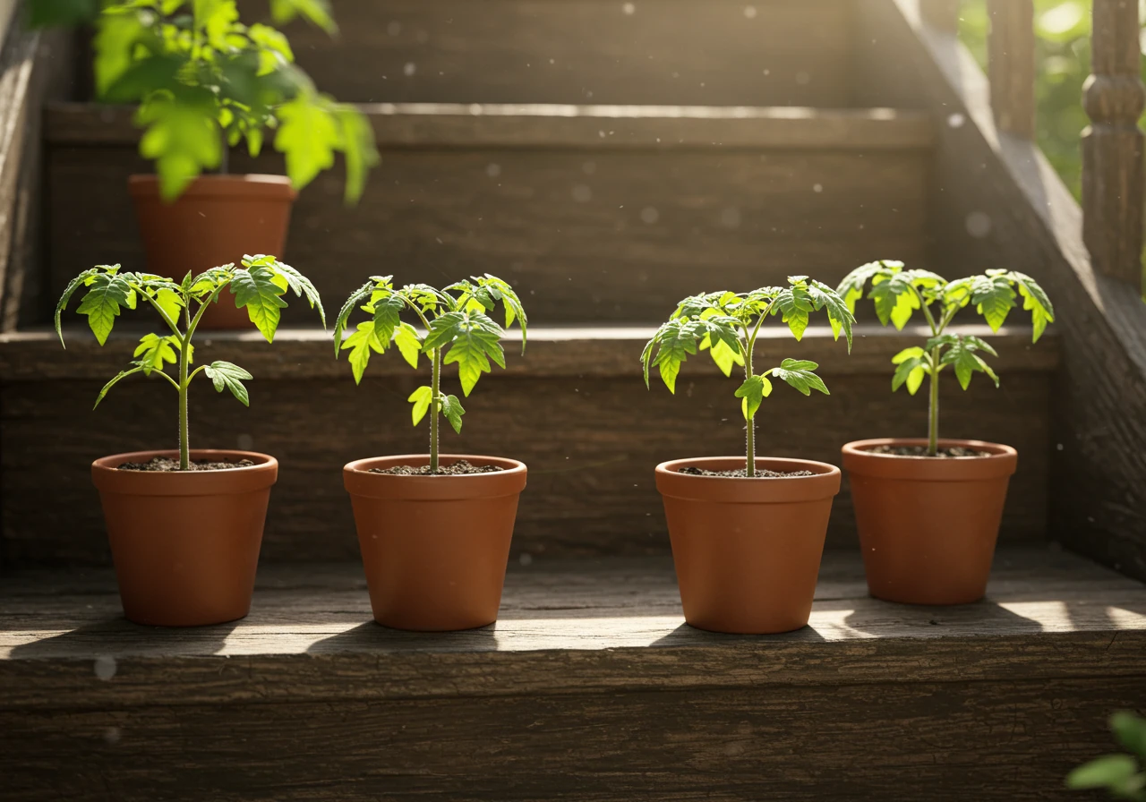 Several small terracotta pots containing healthy, young tomato seedlings placed outdoors on a weathered wooden porch step in a sheltered location, receiving gentle, dappled morning sunlight. Illustrates the concept of gradually acclimatizing tender plants ('hardening off').