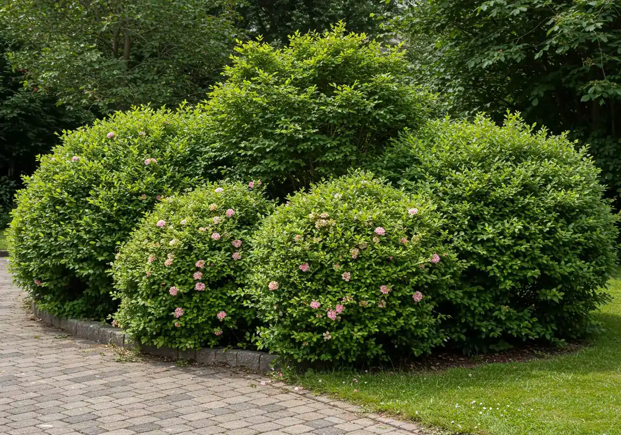 A photograph illustrating the 'Blob Effect' described in the text. Several medium-sized shrubs (e.g., spireas or potentillas) planted too closely together, merging into one indistinct green mass. The lower branches might show some yellowing or thinness due to lack of light. The edge of a stone walkway is partially obscured by the encroaching foliage.