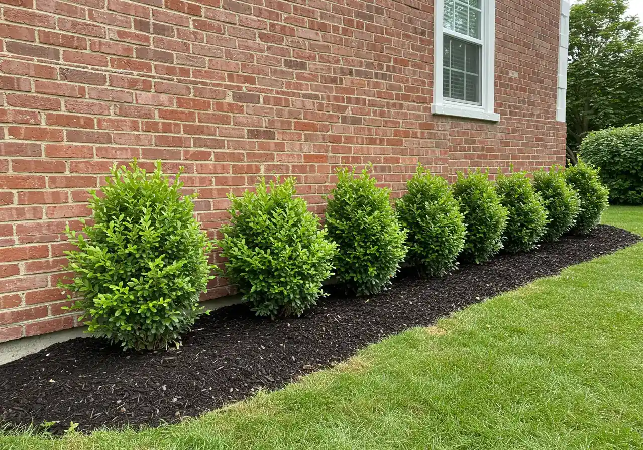 A clear photograph illustrating correct foundation planting. A row of healthy, medium-sized evergreen shrubs (like boxwood or yew) are planted neatly along a house foundation (brick or siding visible), maintaining a distinct gap of 2-3 feet between the center of the shrubs and the wall. The gap is filled with clean mulch.