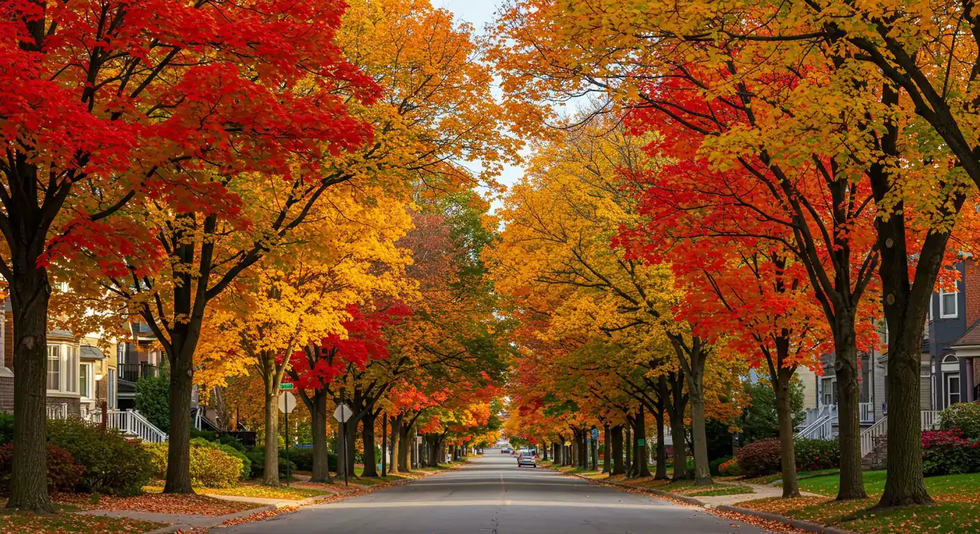 A vibrant, scenic photograph capturing the essence of autumn in a residential Ottawa area neighbourhood like Kenmore or Greely. The image should showcase mature trees displaying peak fall colours (reds, oranges, yellows) lining a quiet street or framing a well-kept yard, bathed in the crisp, golden light of a late afternoon sun. Focus on the beauty and atmosphere described in the intro.
