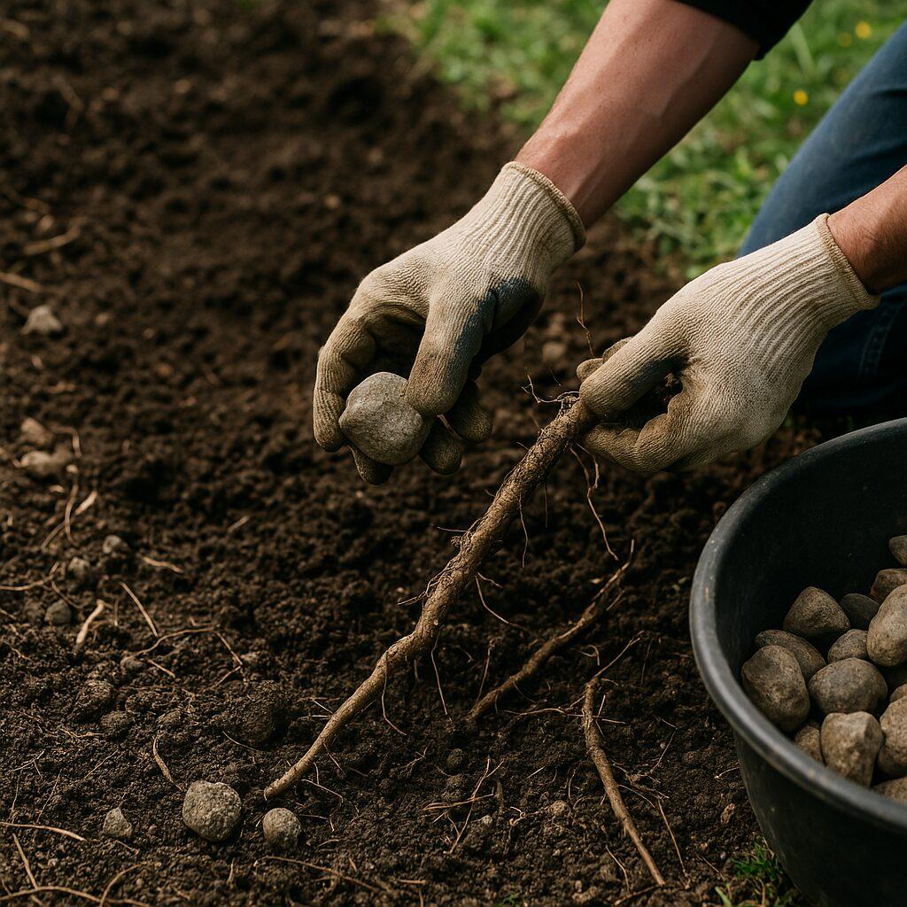 Worker removing rocks from garden soil