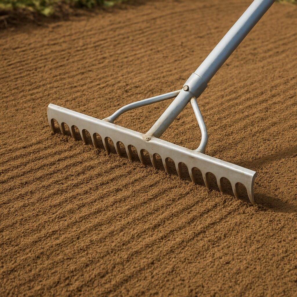 Landscape rake smoothing out soil in a garden bed