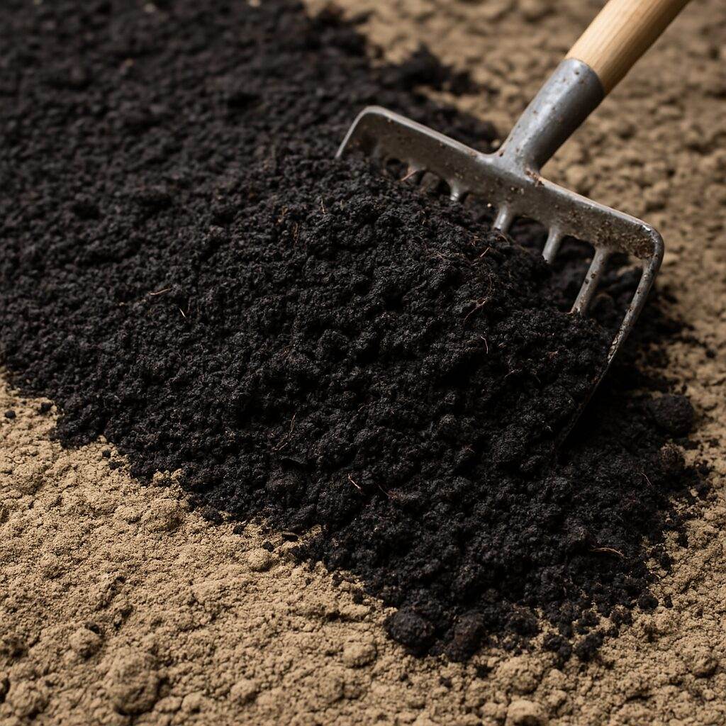 Dark compost being spread onto garden soil