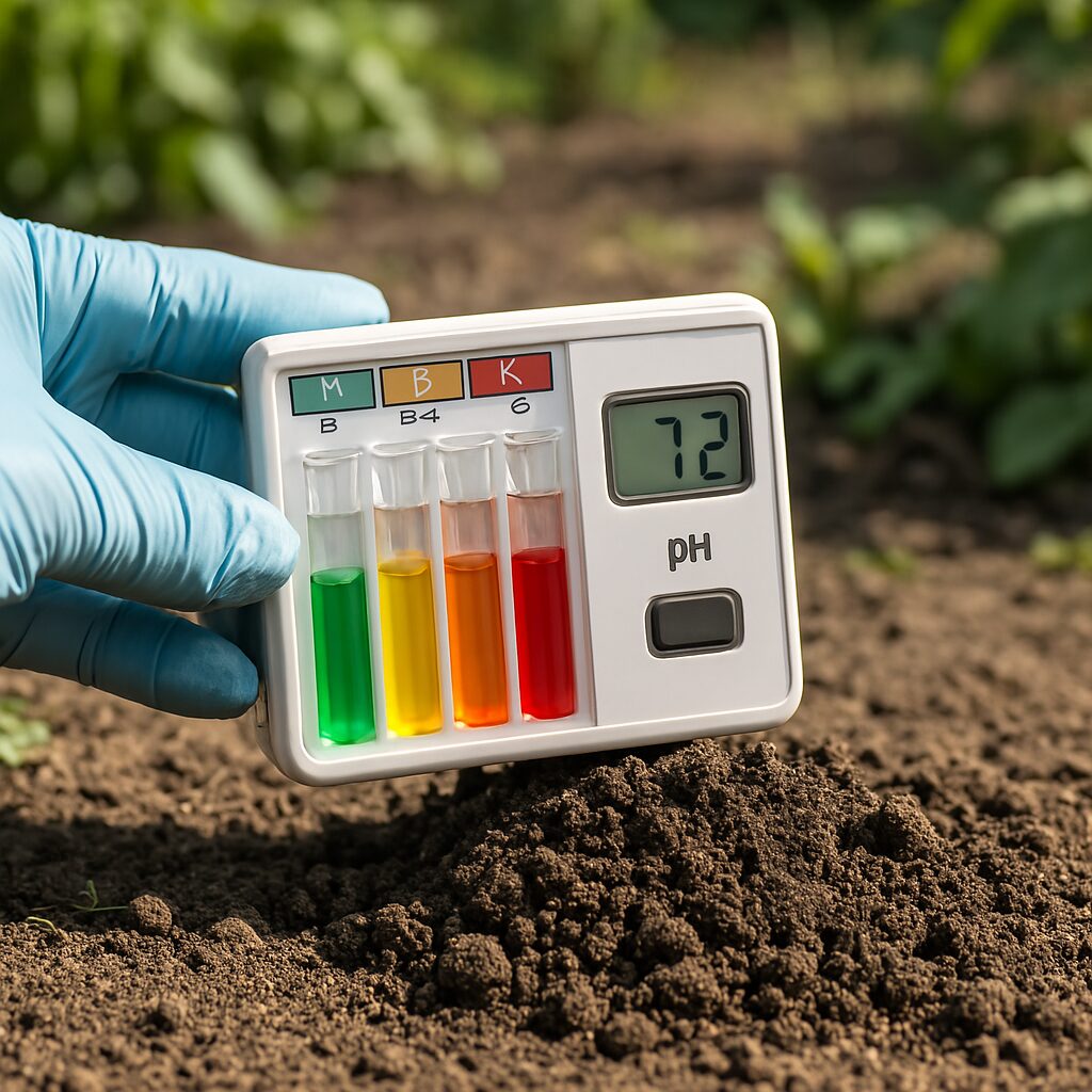 Soil testing kit with test tubes showing results