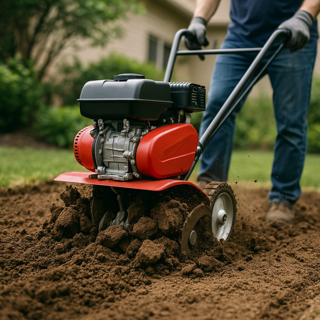 Walk-behind tiller breaking up compacted soil in a garden bed