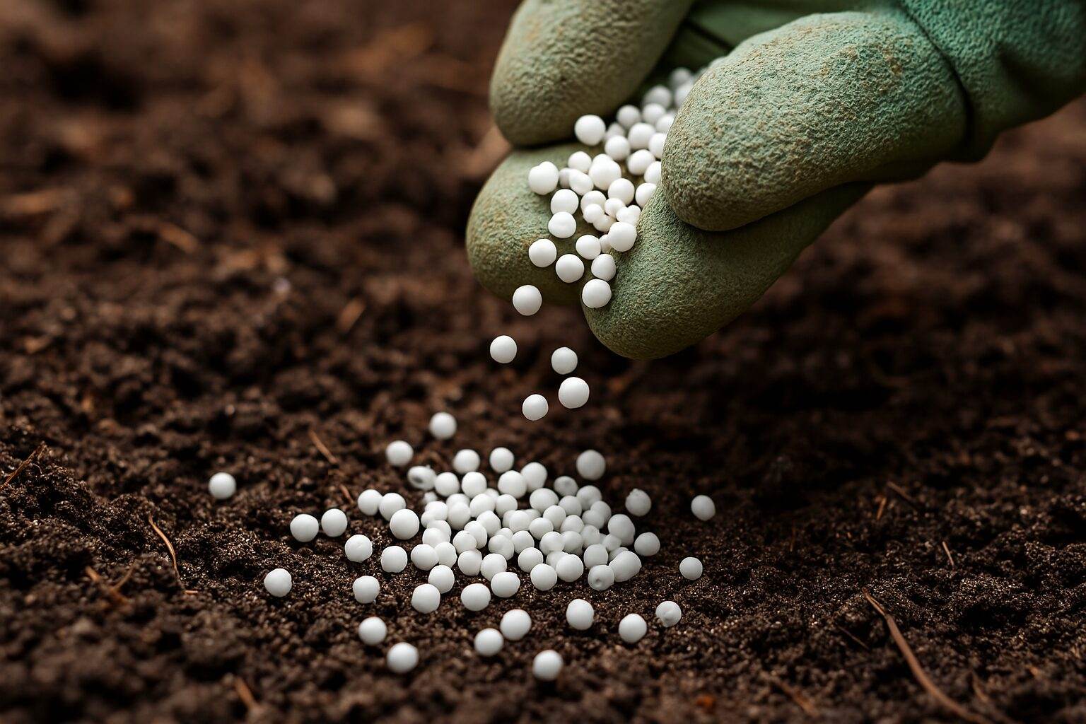 Pellets of lime or sulfur being added to soil surface