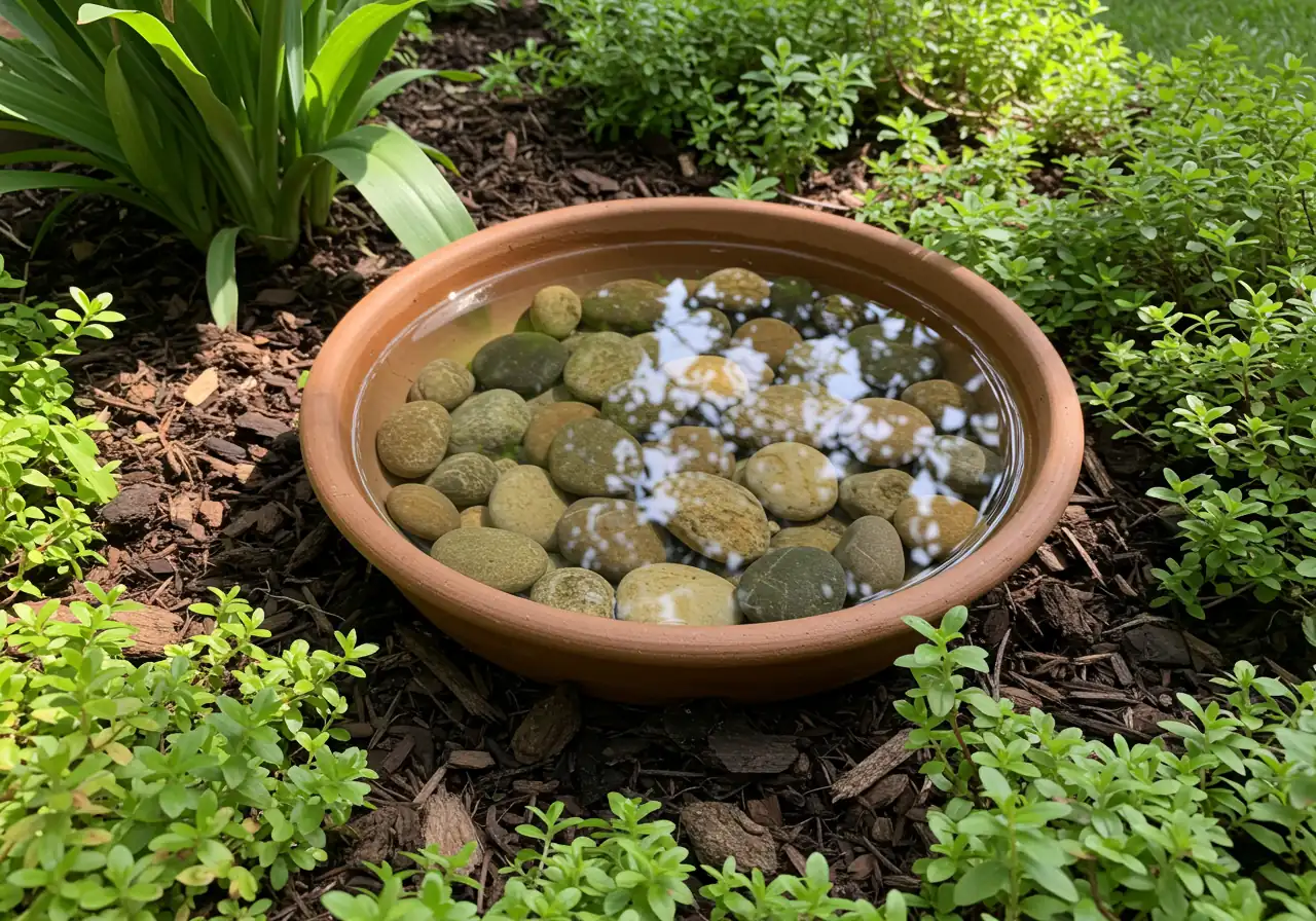 An image illustrating the simple 'Hydration Station' concept: a shallow dish filled with pebbles and water placed subtly within a garden setting.