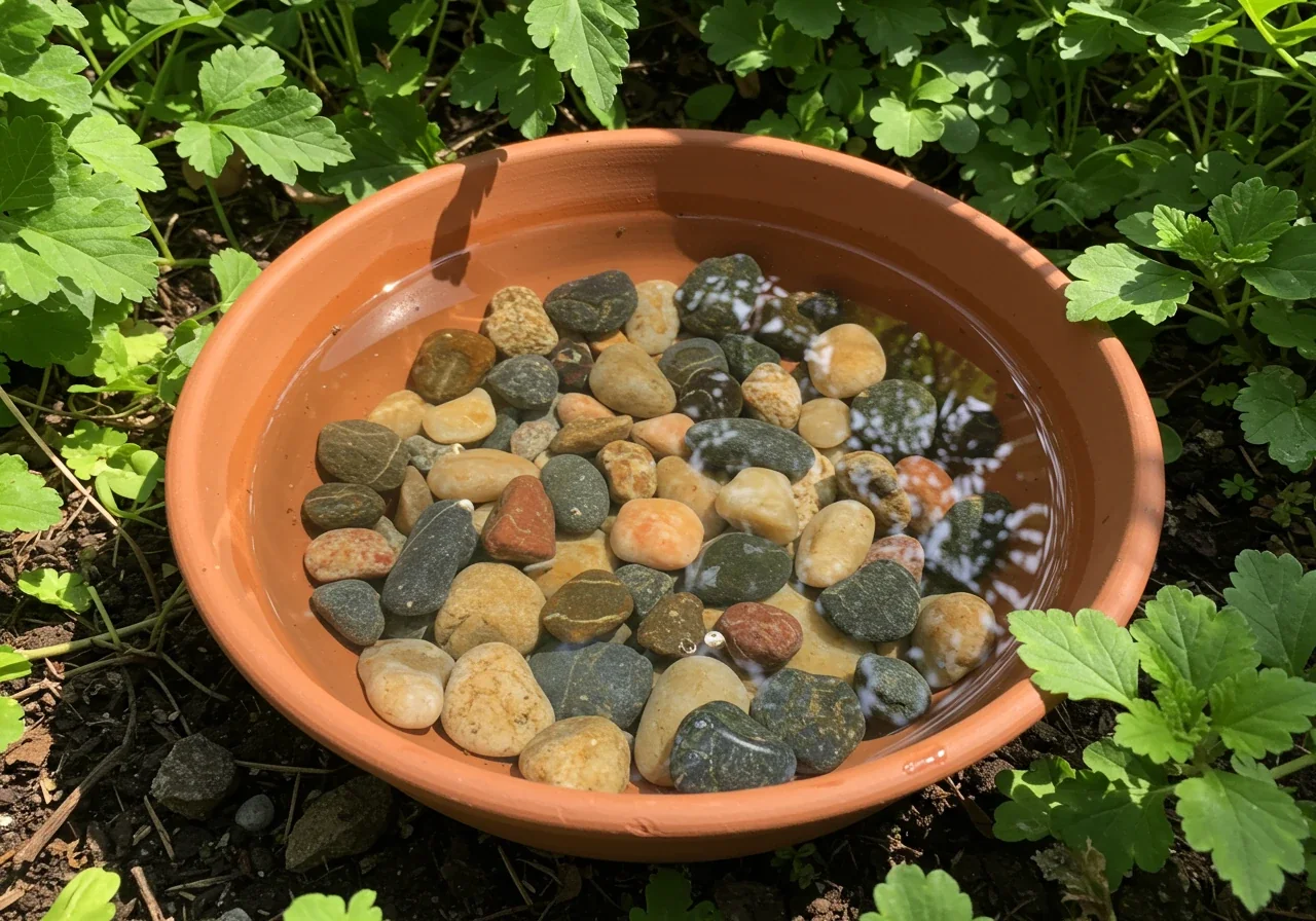 An image depicting a safe water source for insects in a garden setting. This should show a shallow dish filled with water and pebbles or marbles, placed amongst foliage, illustrating the practical tip mentioned for providing hydration.