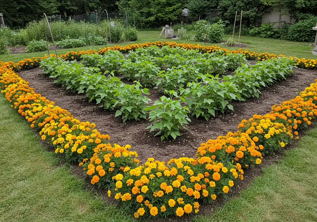 An image illustrating one of the planting layout strategies, such as perimeter planting. Shows a garden bed with the main crop clearly surrounded by a border of the trap crop, making the abstract concept concrete.