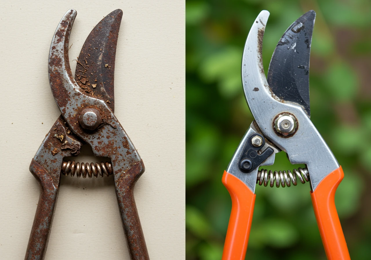 A contrasting visual: On one side, a pair of old, dirty, visibly rusty bypass pruners with dull edges and sap residue. On the other side, a similar pair of pruners that are clean, sharp, lightly oiled, and gleaming, appearing ready for use. This visually reinforces the 'dull & dirty vs. sharp & clean' concept discussed.