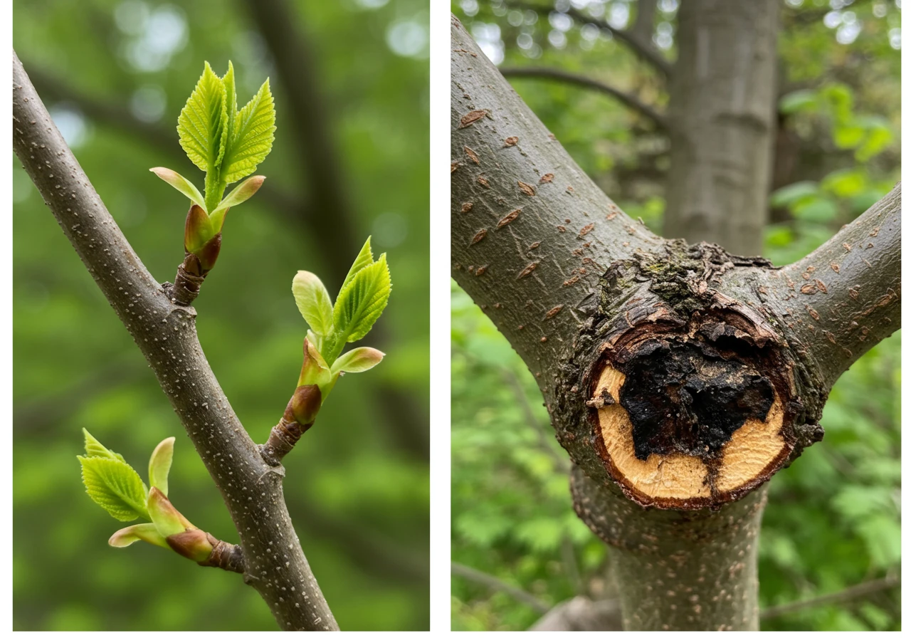 A split image visually contrasting the result of proper pollarding with harmful tree topping. The left side shows a healthy pollard 'knuckle' with smooth callous tissue and vigorous new shoots. The right side shows a large, jagged, decaying wound from topping with weak, poorly attached watersprouts.