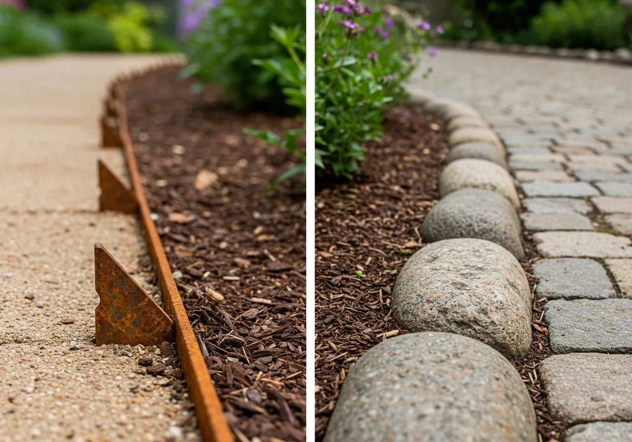 A split image visually contrasting a potentially hazardous yard element with a safe alternative. One side could show sharp metal garden edging near where a pet might walk, and the other side could show smooth, rounded stone edging or no edging near a similar path. This highlights physical hazards mentioned in the text.