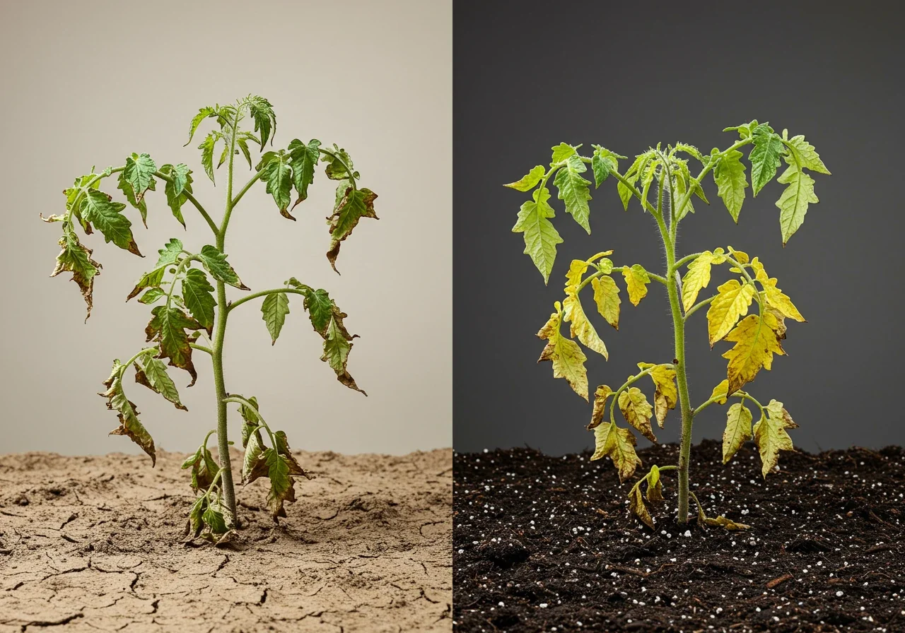 A side-by-side comparison visually demonstrating the difference between underwatered and overwatered plants. Left side shows a potted plant with drooping, dry, brown-edged leaves and visibly dry soil. Right side shows a similar potted plant, also wilting, but with yellowing leaves (perhaps slightly limp) and dark, overly saturated, soggy-looking soil.
