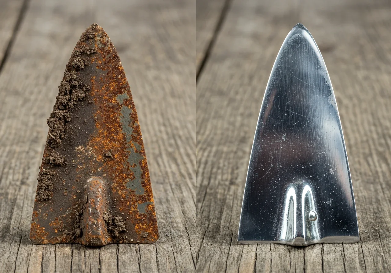 A striking visual contrast showing the impact of neglect versus care. Display a close-up, side-by-side comparison: on one side, a garden trowel head heavily coated in rust and dried mud; on the other side, the same style of trowel head, gleaming clean, free of rust, with a light protective sheen on the metal, implying readiness for use. The background should be neutral, perhaps slightly out-of-focus weathered wood, to emphasize the tools.