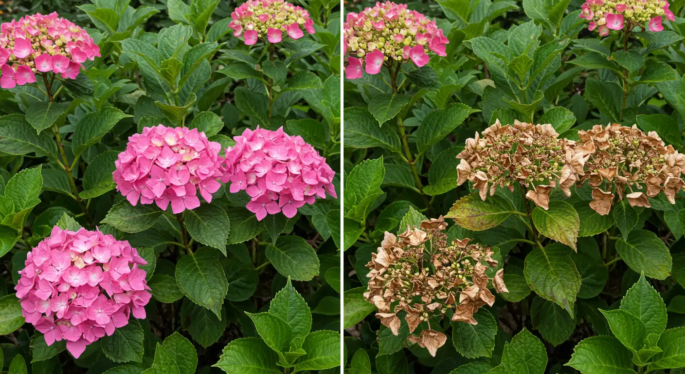 A split image visually contrasting plant health. The left side shows a close-up of a vibrant, healthy flowering shrub (like a hydrangea) with lush green leaves and full blooms. The right side shows a close-up of the exact same type of shrub, but looking stressed and unhealthy – wilted leaves, some yellowing or browning, and drooping flowers.