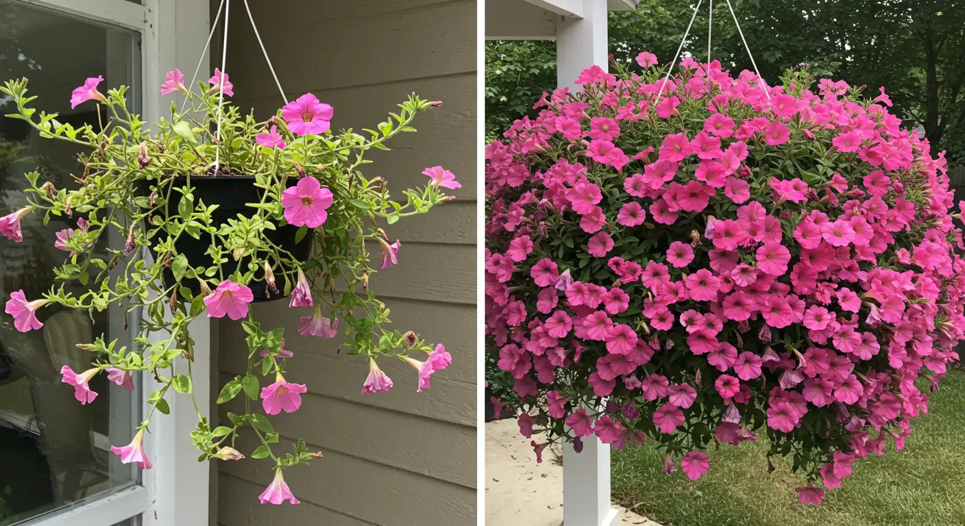 A side-by-side visual comparison. On the left, a hanging basket with sparse, 'leggy' petunias showing long stems and few flowers. On the right, a similar hanging basket overflowing with dense, bushy petunias covered in vibrant blooms, demonstrating the desired result of pinching.