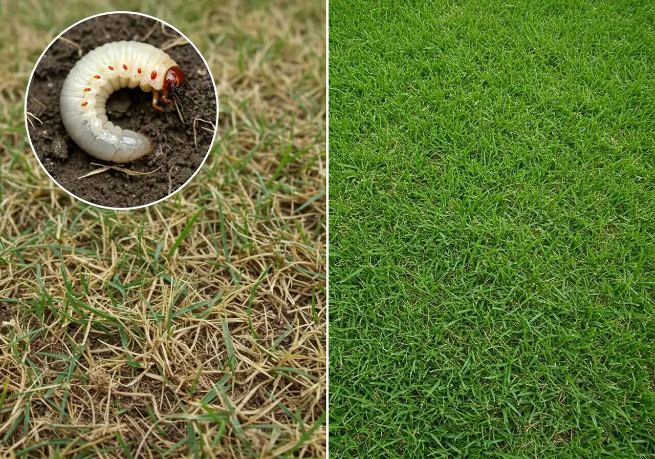 A visually clear comparison, perhaps split-screen or side-by-side. The left side shows a patch of lawn with distinct irregular brown patches indicative of grub damage, with a small inset showing a creamy-white C-shaped grub near grass roots. The right side shows a contrasting section of vibrant, lush, healthy green lawn.