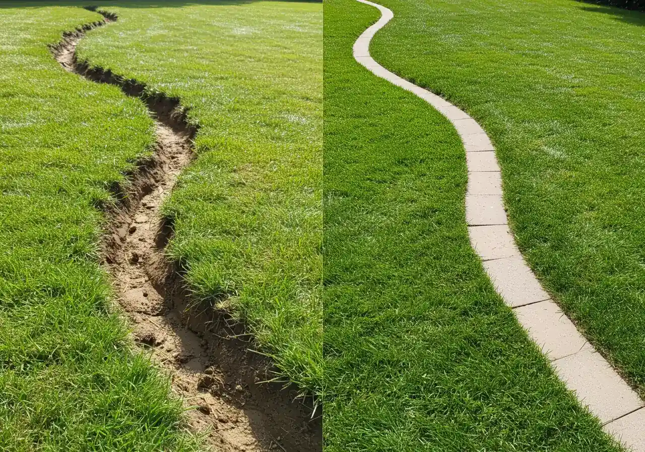 A clear visual contrast within a single frame. The left half shows a poorly defined, uneven, and wobbly garden bed edge haphazardly cut into a green lawn. The right half shows a perfectly smooth, crisp, professionally defined curved garden bed edge cut into the same green lawn. The difference in quality should be stark, highlighting the benefit of proper marking. Shot in bright daylight.