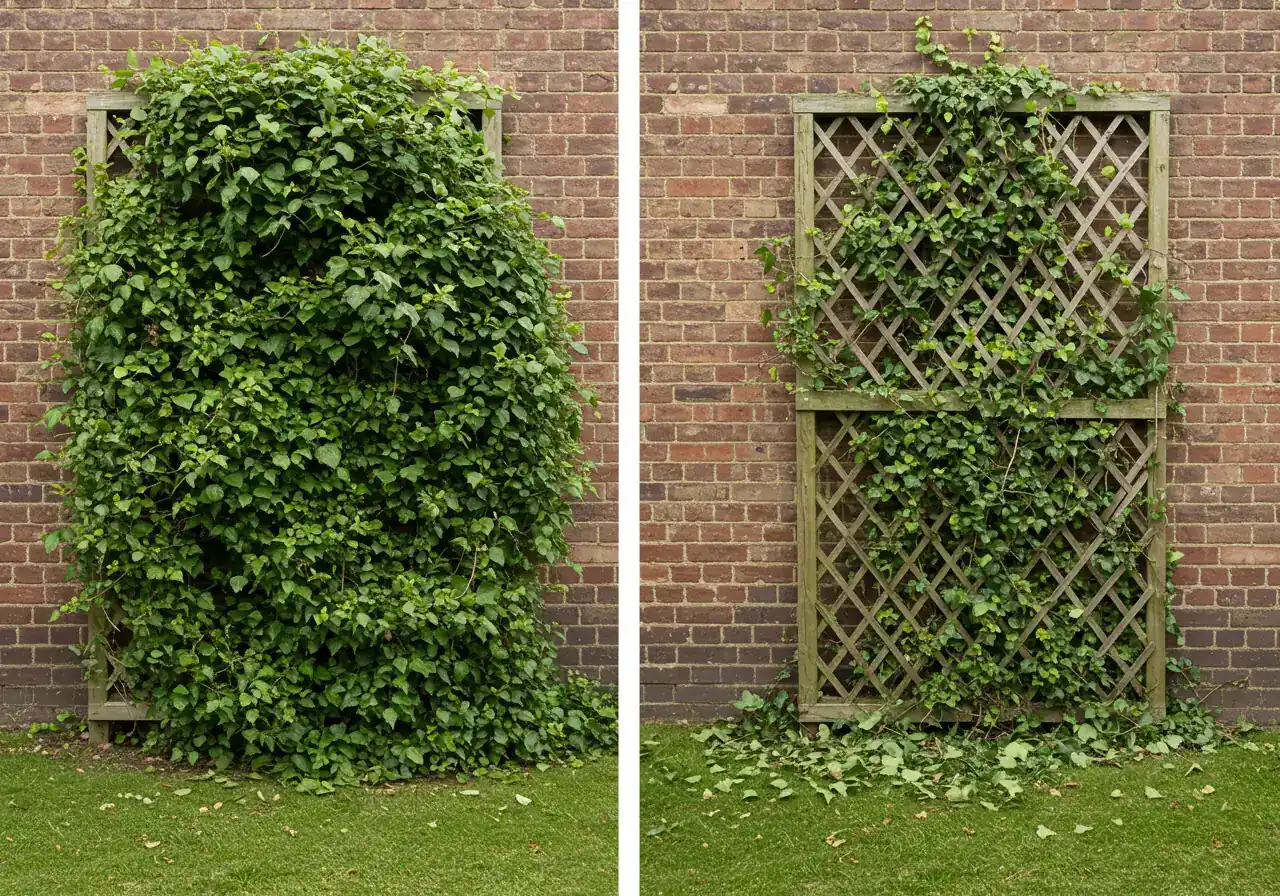 A visually contrasting image showing one half of a trellis covered in dense, overgrown, slightly chaotic green ivy, and the other half featuring the same type of ivy neatly pruned, showcasing a clear structure against the trellis and wall, implying improved health and manageability.
