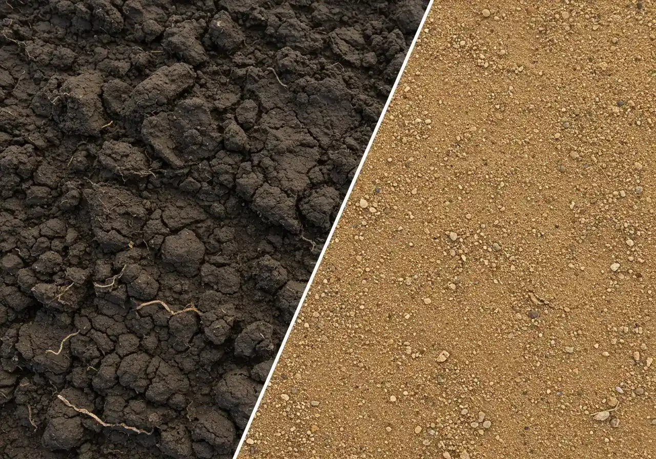 A split-view image clearly contrasting the texture of heavy, dark clay soil on one side with light, grainy sandy soil on the other. This visually demonstrates the different soil types mentioned as common in the Ottawa area, aiding reader understanding of their own garden conditions.