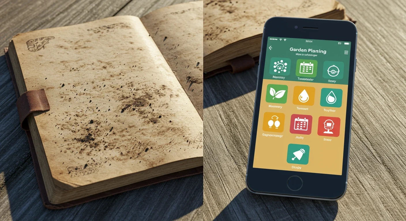 A visual contrast: on one side, a slightly opened, weathered, spiral-bound notebook with visible dirt smudges resting on a rustic wooden surface. On the other side, a clean, modern smartphone displaying a stylized, generic garden app interface (simple icons like a leaf, water droplet, calendar - no text or branding) also on the same surface. The lighting suggests early morning.