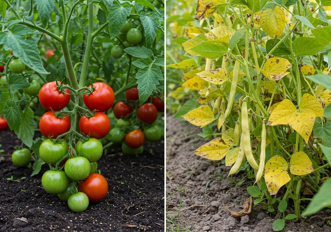 A split-image style composition. On one side, a close-up of a vibrant, healthy tomato plant loaded with fruit thriving in rich soil. On the other side, a close-up of a less successful, slightly yellowed bean plant struggling in poorer conditions, visually representing the concept of tracking plant performance.