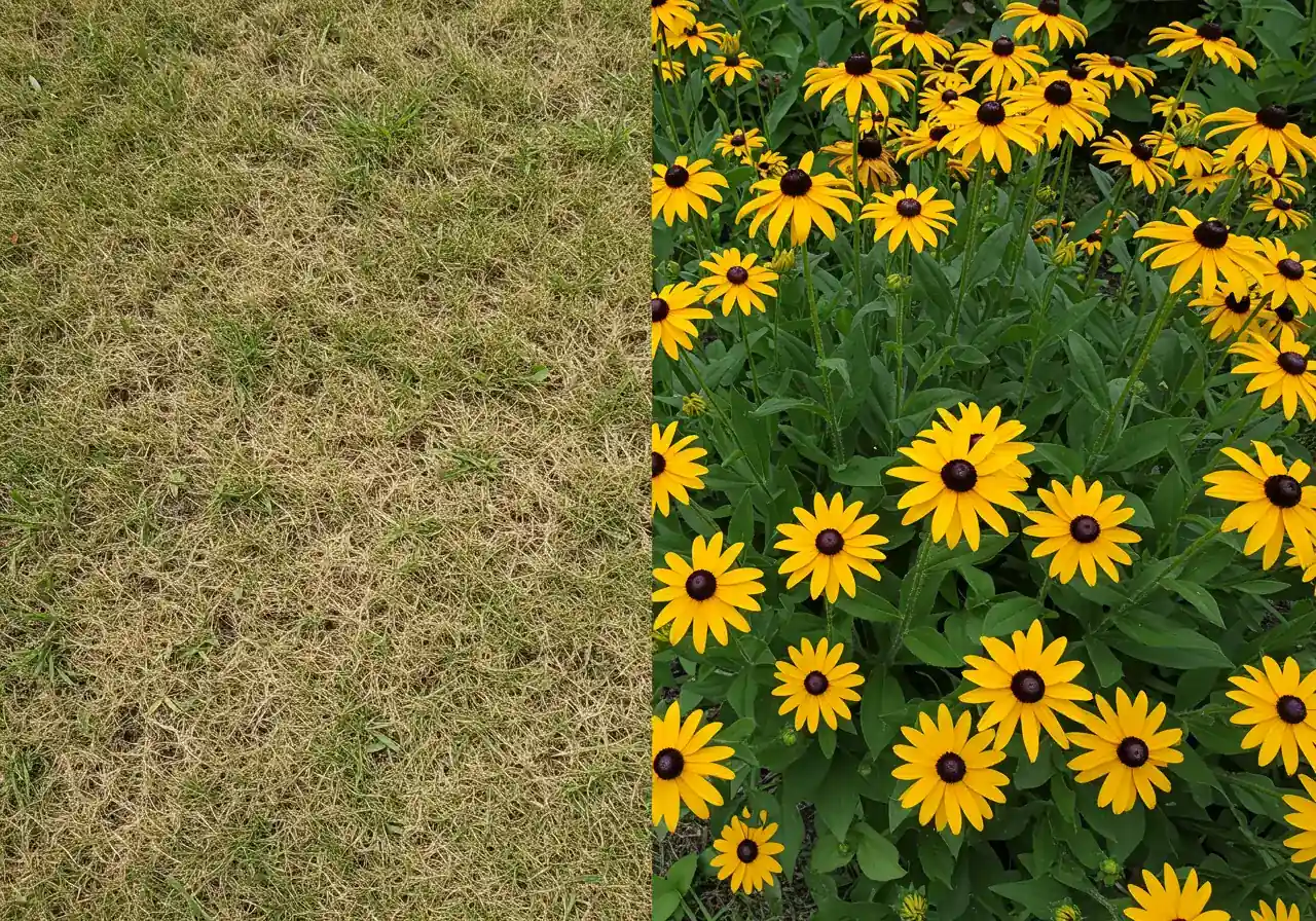 A visually appealing comparison shot, split vertically or composed side-by-side within one frame (without text labels). One side shows a patch of thirsty, possibly brownish turfgrass struggling in summer heat. The other side shows a thriving cluster of drought-tolerant native Black-eyed Susans (Rudbeckia hirta) looking vibrant and healthy under the same sunny conditions, illustrating resilience.