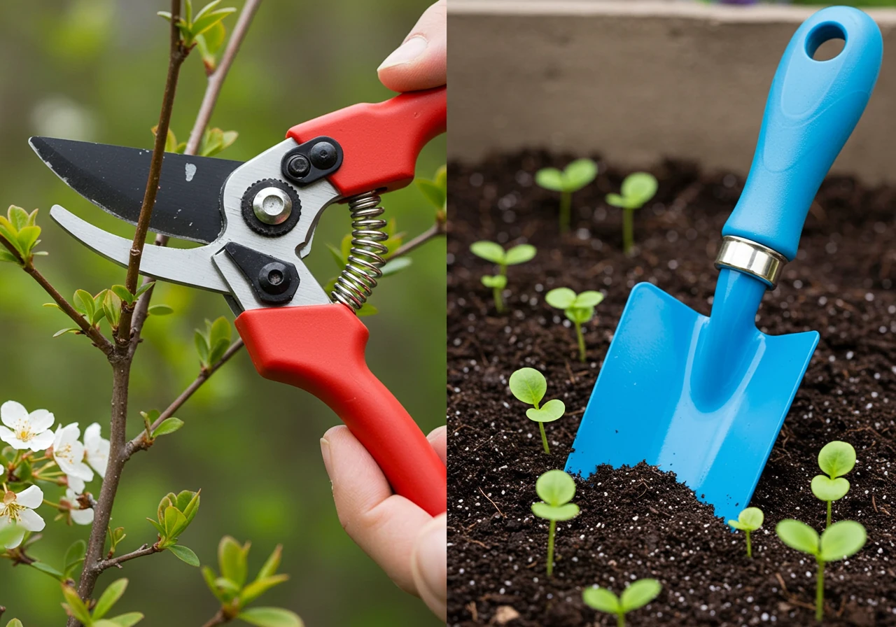 A visually distinct image showing two separate garden tasks being performed side-by-side conceptually, without showing people. On one side, depict a close-up of ergonomic pruners trimming a flowering shrub. On the other side, show a close-up of an ergonomic trowel digging into soil near young plant starts. This illustrates the concept of 'Switch It Up' by visually representing task variety.
