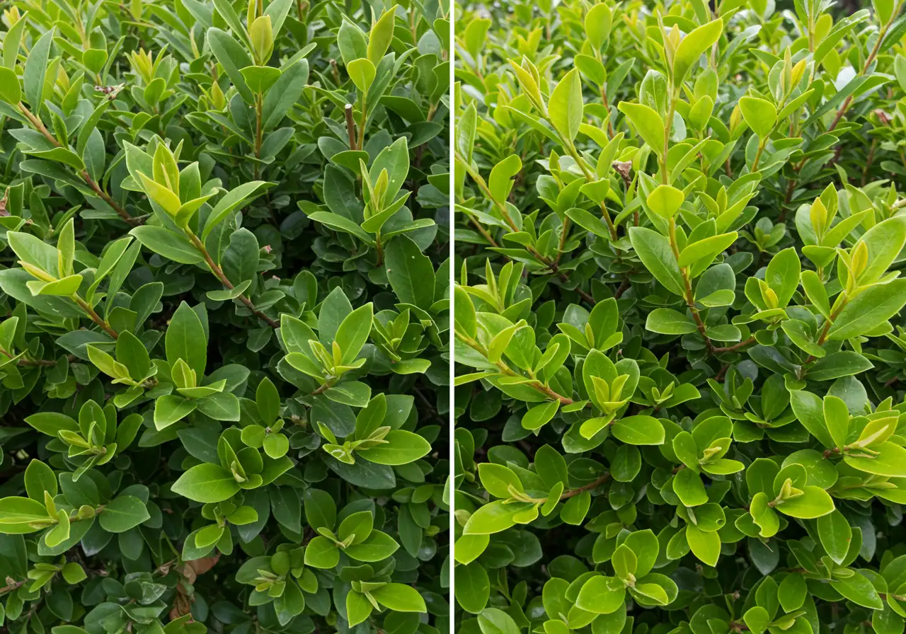 A split-image or comparison concept showing two sections of the same type of shrub. The left side depicts dense, overcrowded foliage where leaves are tightly packed, possibly showing slight moisture or shadowing indicating poor airflow. The right side shows a similar section of the shrub after being properly thinned, with visible space between branches and leaves, allowing light and air to penetrate, looking healthier and more open. Focus solely on the plant structure and density difference.