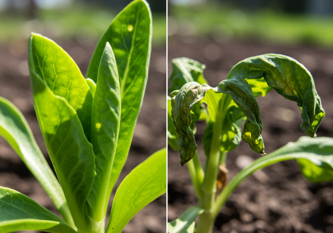 A clear visual comparison showing the difference between a healthy, vibrant plant and one suffering from lack of water. This image would immediately illustrate the concept of 'wilting' discussed at the beginning of the section.